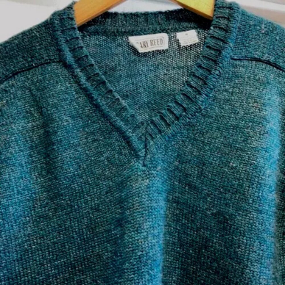 Y2K Gary Reed Mens Sweater Medium V Neck Teal Acrylic